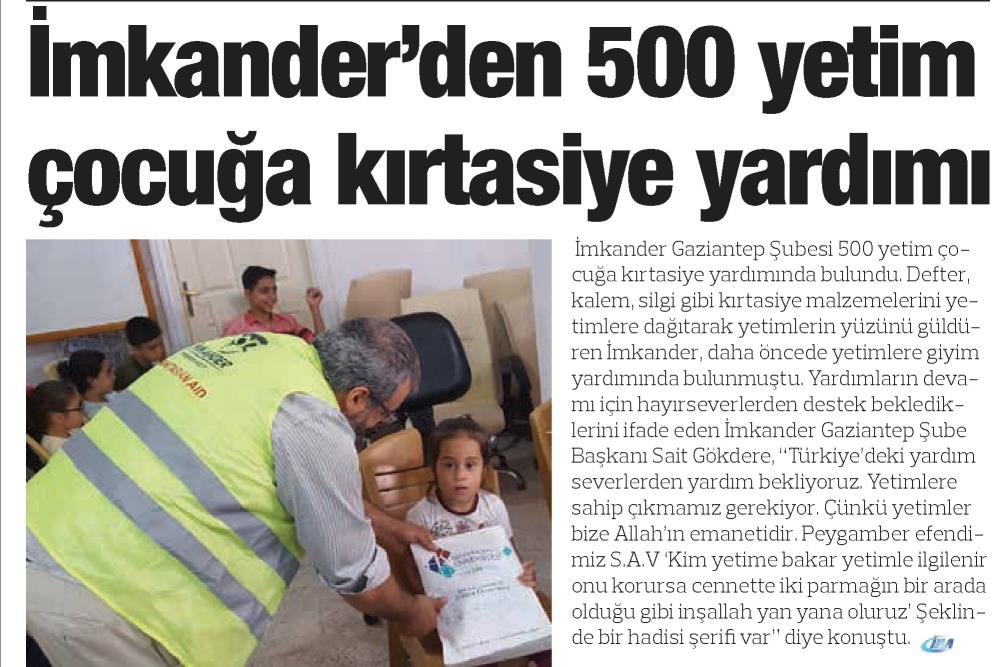 İMKANDER'den 500 yetim çocuğa kırtasiye yardımı - Gaziantep Olay