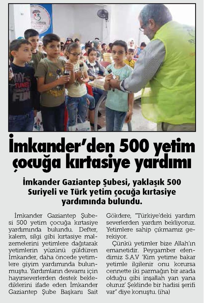 İMKANDER'den 500 yetim çocuğa kırtasiye yardımı - Gaziantep Oluşum